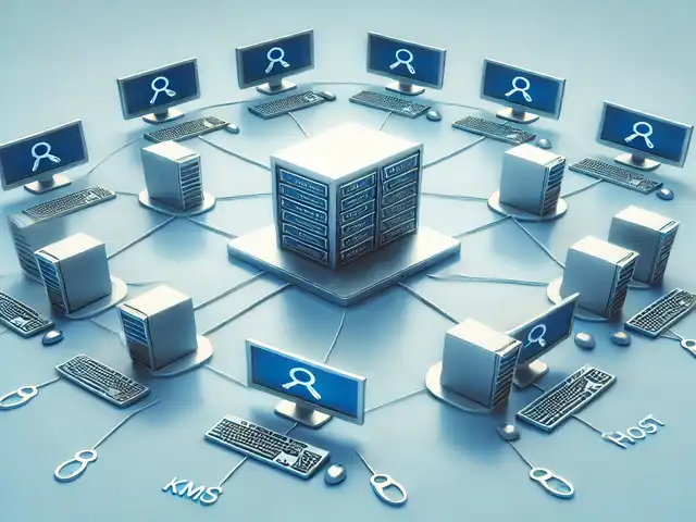 KMS Servers KMS (Key Management Service) server network showing multiple computers connected to a central server KMS Servers KMS (Key Management Service) server network showing multiple computers connected to a central server